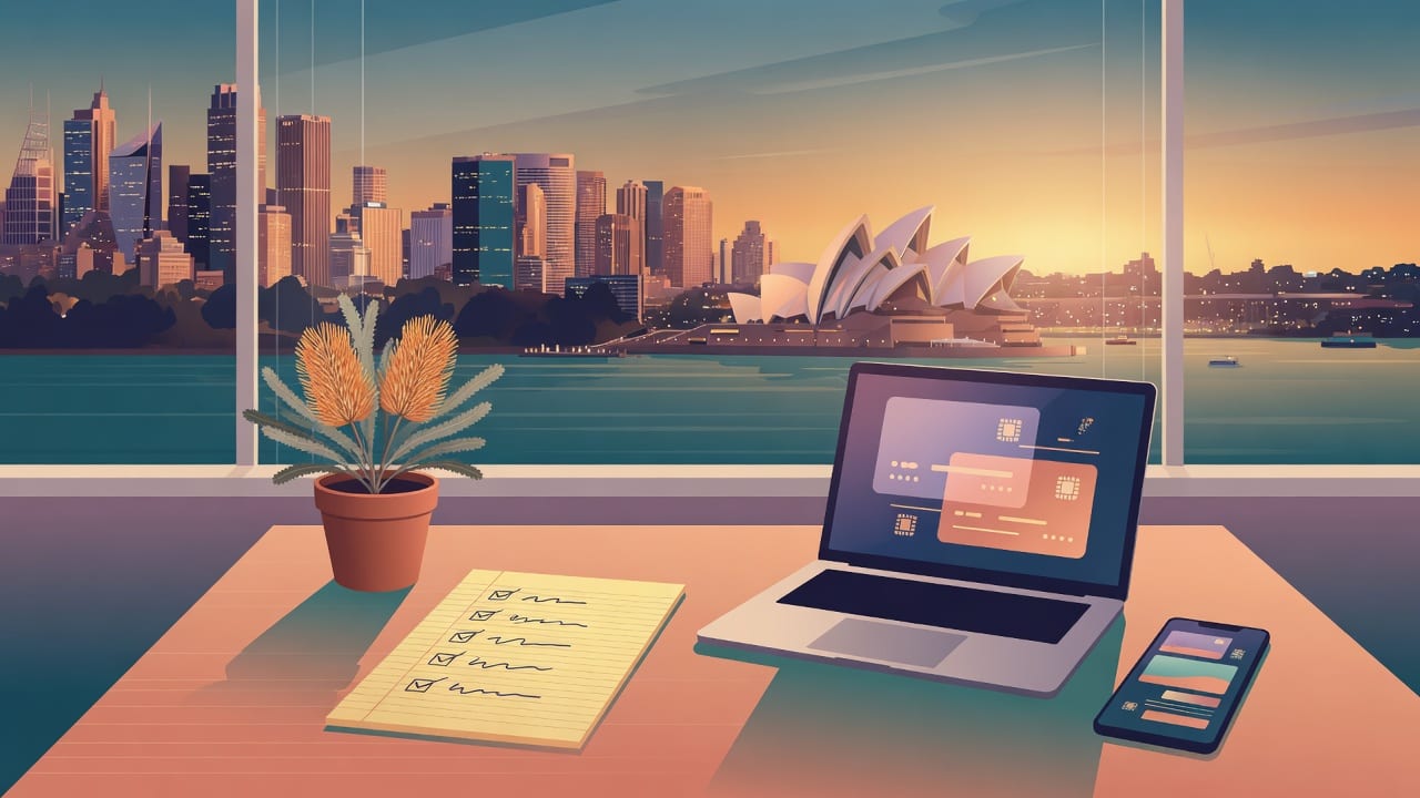 Desk by a window at sunset with laptop, phone and checklist overlooking a harbour skyline