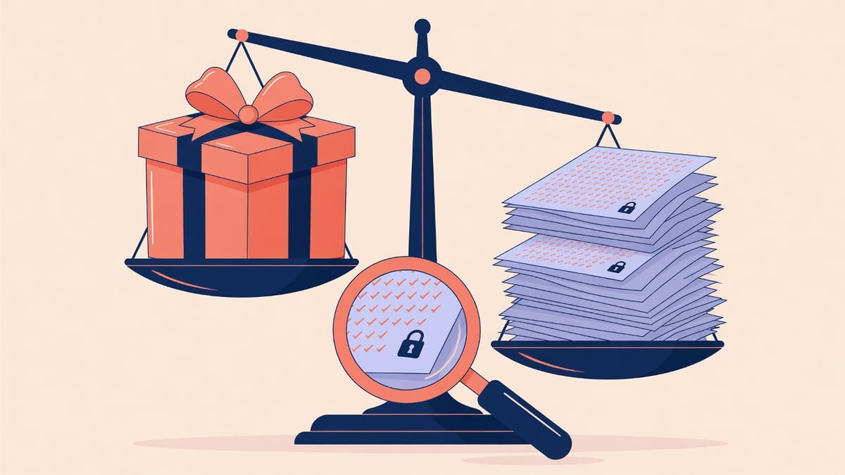 Balance scale weighing a gift box against sheets of fine-print terms with magnifying glass