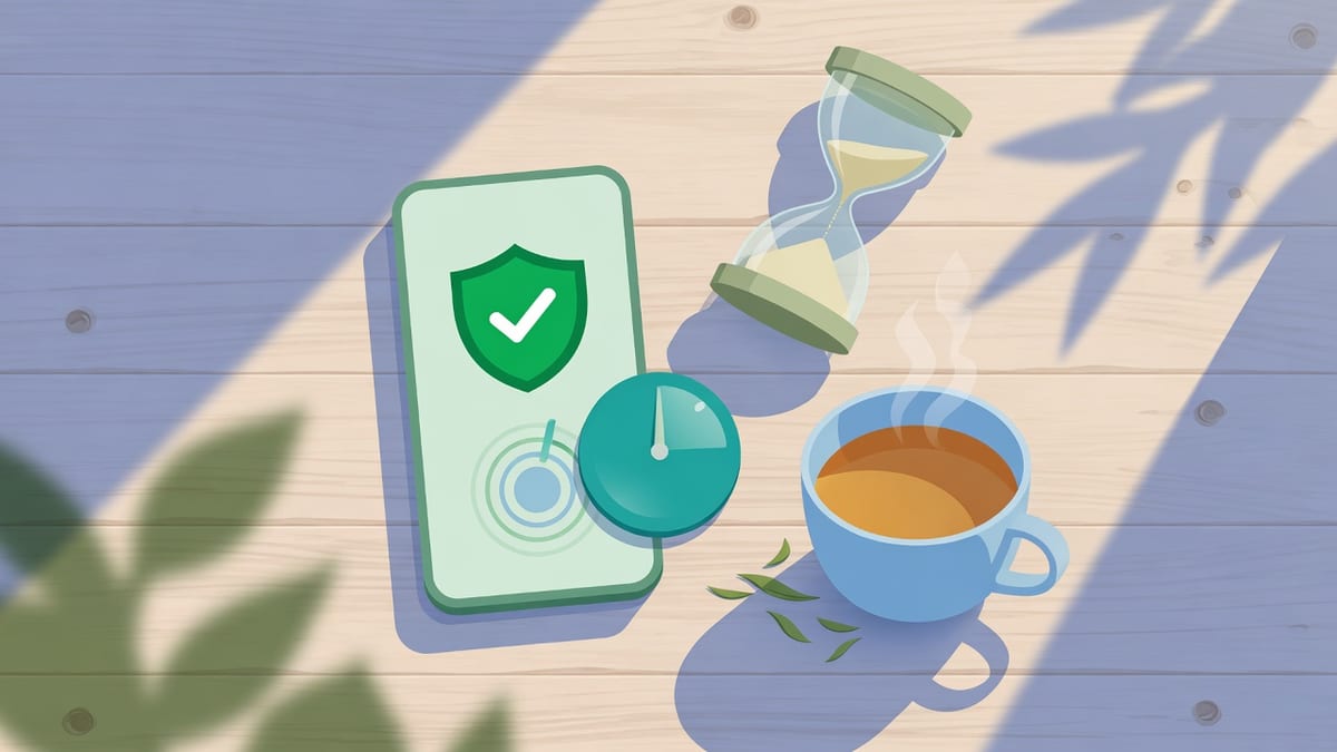 Smartphone with shield icon beside an hourglass and limit dial on a wooden table